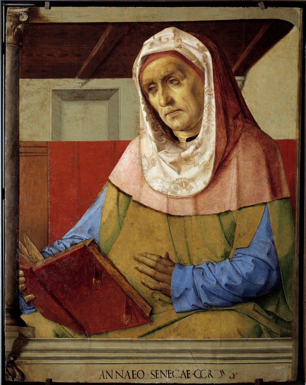 Portræt af Seneque (Lucius Annaeus Seneca, 4 f.Kr.-65 e.Kr. JC), filosof fra den stoiciske skole, dramatiker og en romersk statsmand. Maleri af Pedro Berruguete (omkring 1450-før 1500) og Just From Ghent (1435-1480) Ec. Flam af Pedro Berruguete