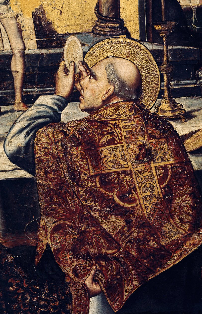 Eukaristien (Helgenen rejser sig værten, et kristent symbol på Kristi legeme). Detalje af altertavlen til Gregor I. Messe, kaldet den Store eller Dialog (540-604) Pave i 590. Maleri af Pedro BERRUGUETE (1450-1504). Renæssancemaleri, Catal af Pedro Berruguete