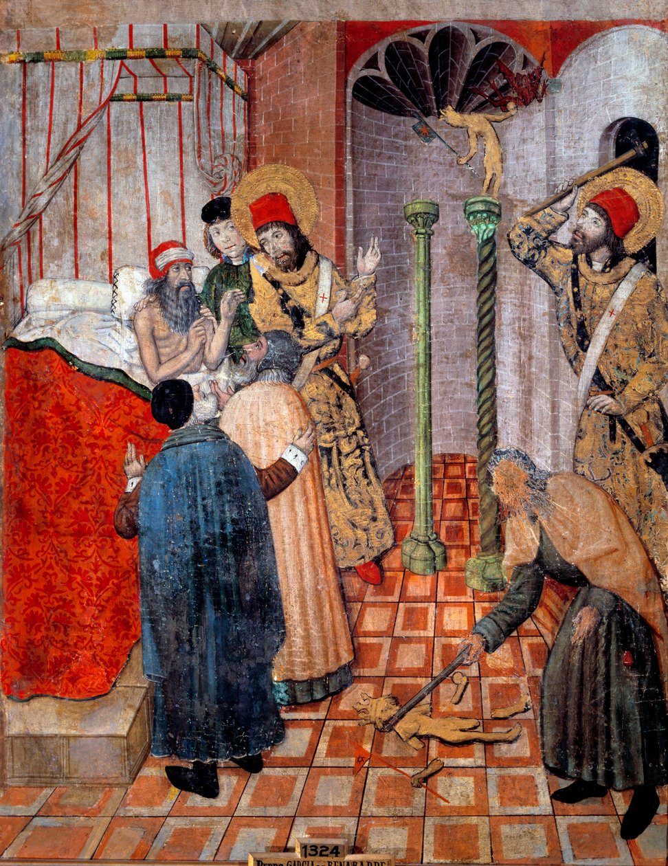 San Sebastian og Saint Polycarp ødelægger idoler. Præsten Polycarp og Sebastian ved præfekten i Rom (Chromace), som bad dem om at advare ham. Sebastien bad ham om at opgive sine idoler først og give ham tilladelse til at knække dem. Maleri af Pedro Garcia af Pedro García de Benabarre