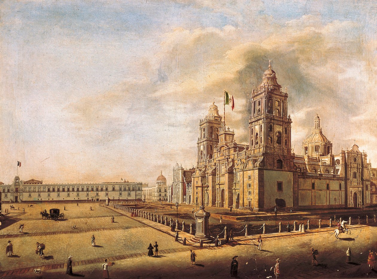 ""The Metropolitan Cathedral and the National Palace in Mexico City"" Maleri af Pedro Gualdi (1809-1857) omkring 1840 National Museum of History Mexico City, Mexico af Pedro Gualdi
