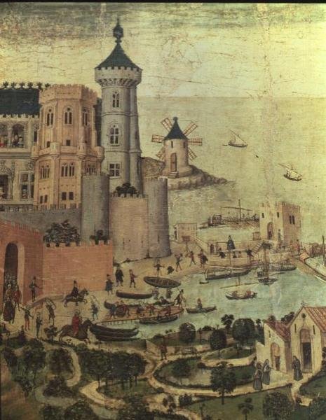 Mallorcas havn med Almudaine-tårnene, under erobringen af byen af James I (detaljer) af Pedro Nisart