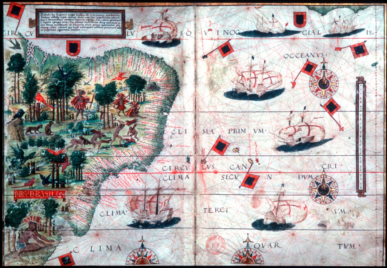 Kort over Brasilien af de portugisiske navigatører Pedro Reinel og Lopo Homen, c1525. af Pedro Reinel