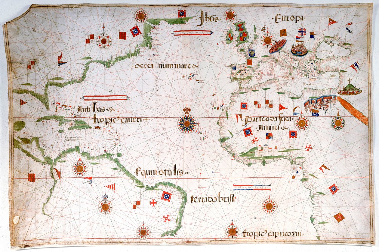 Portulankort over Atlanterhavet, Middelhavet og Sortehavet, ca. 1535 (pergament, papir) af Pedro Reinel