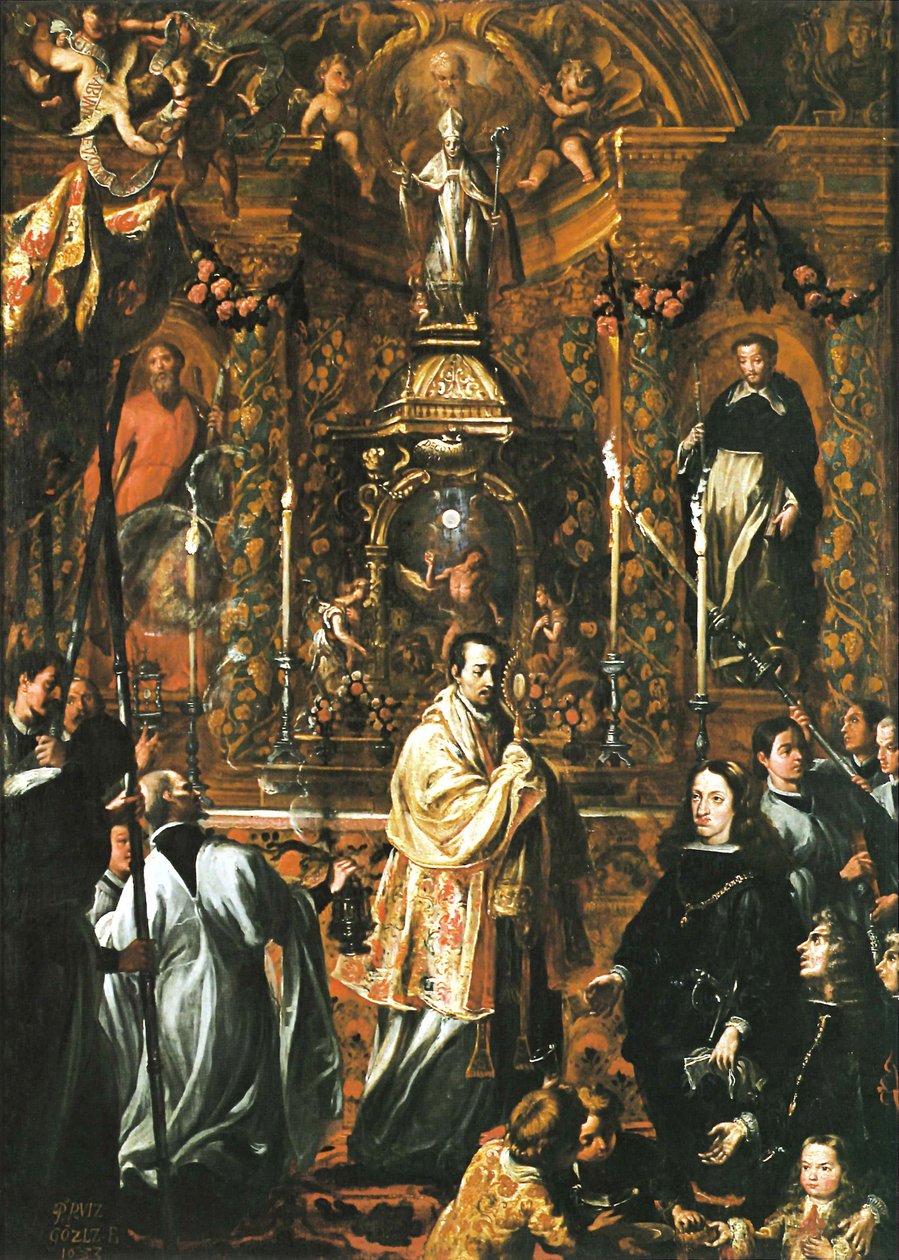 Karl II foran den hellige form - Pedro Ruiz González af Pedro Ruíz Gonzalez