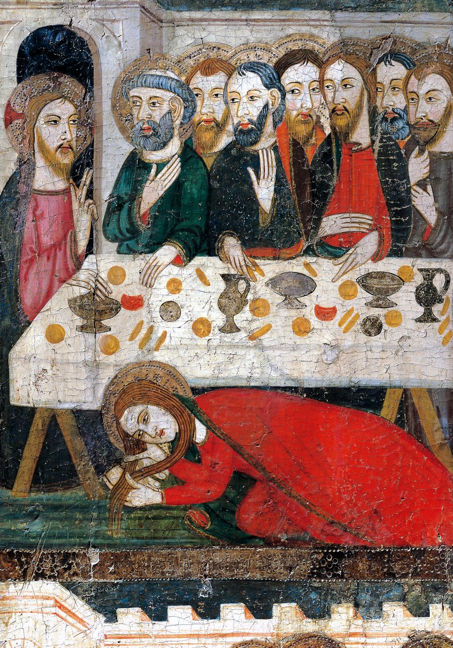 Maria Magdalene vasker Kristi fødder med sit hår, af Pedro Serra eller Pere Serra (aktiv mellem 1363 og 1399), malende på træ. af Pedro Serra