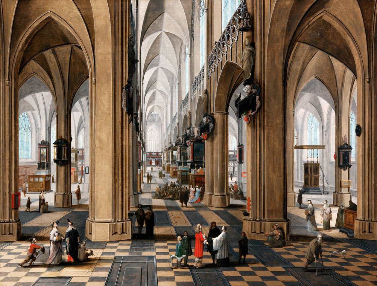 Et kirkeinteriør med elegante figurer, der spadserer og figurer, der deltager i messen af Peeter the elder Neefs