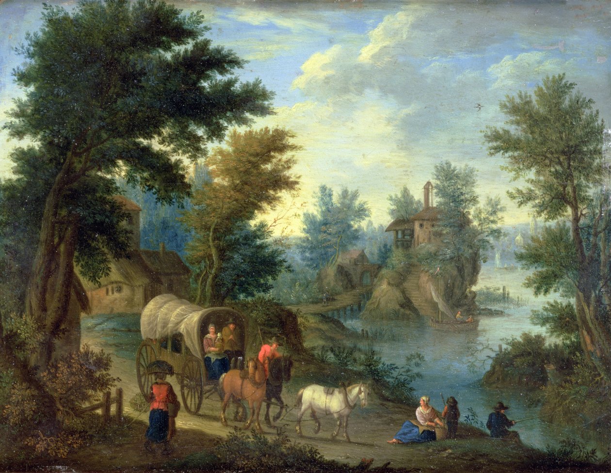 Et skovklædt flodlandskab med rejsende (olie på kobber) af Peeter van Bredael