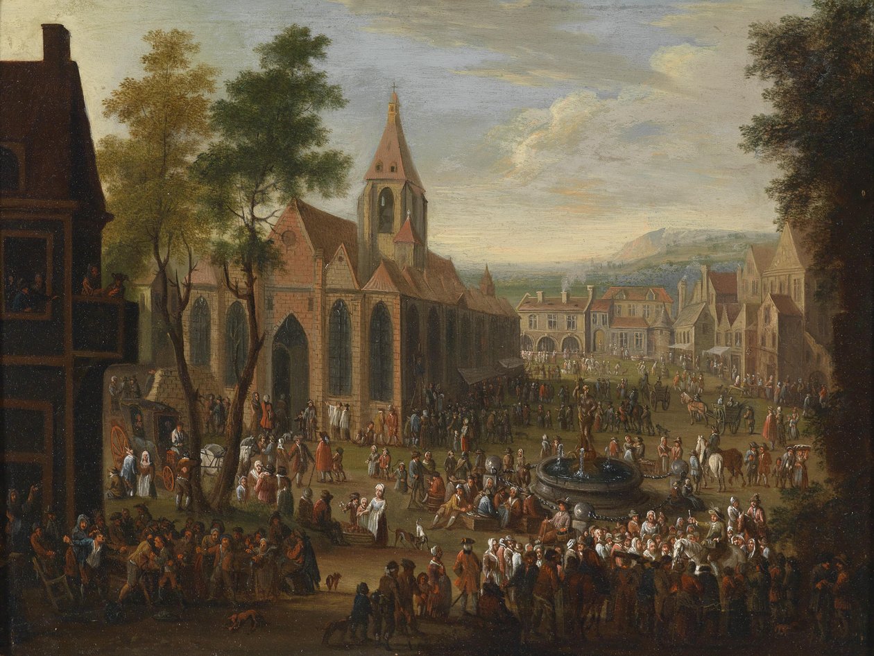 En festival på en byplads med talrige figurer af Peeter van Bredael
