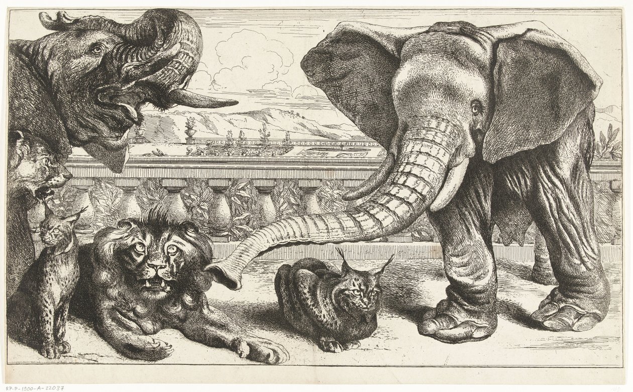 Elefanter, løver og loser i Versailles haver af Peeter Boel (attributed to)