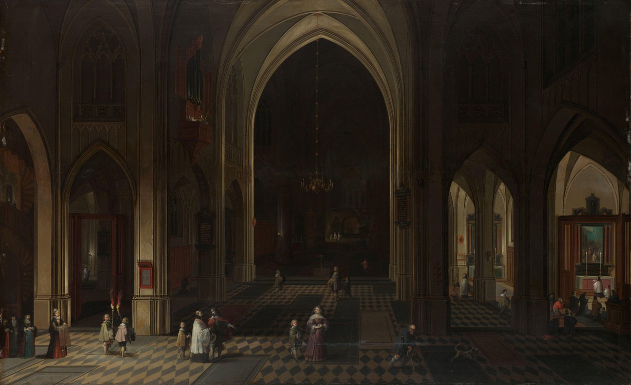 Interiør af en gotisk kirke om natten, der ser mod øst af Peeter Neeffs (I)