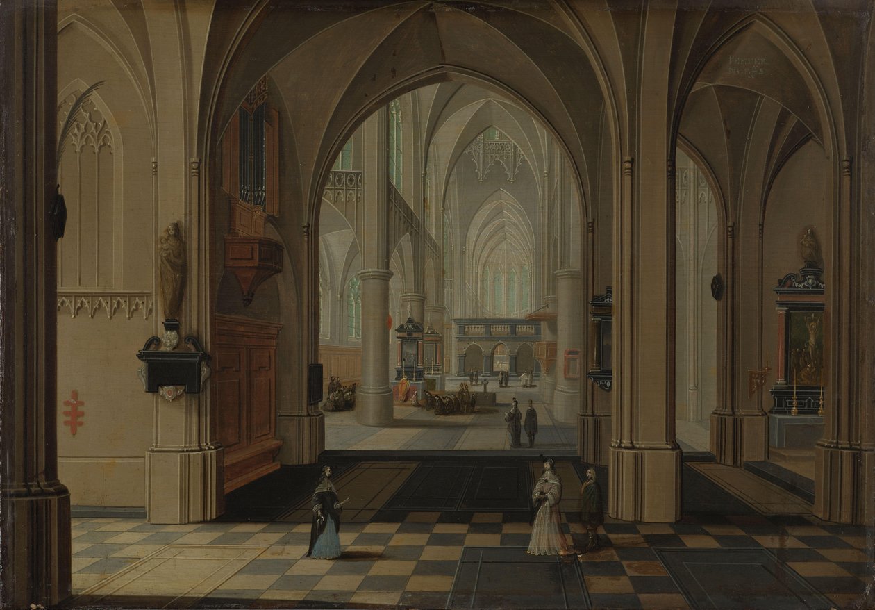 Interiør af en imaginær gotisk kirke, der ser mod øst af Peeter Neeffs (I)