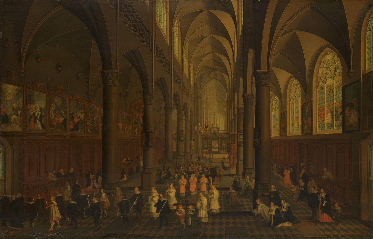 Det indre af den dominikanske kirke, Antwerpen, ser mod øst, med processionen af det hellige sakrament af Peeter Neeffs (I)