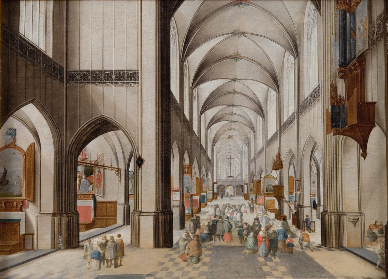 Interiør af en treskibet gotisk kirke under en prædiken af Peeter Neeffs d.Æ.