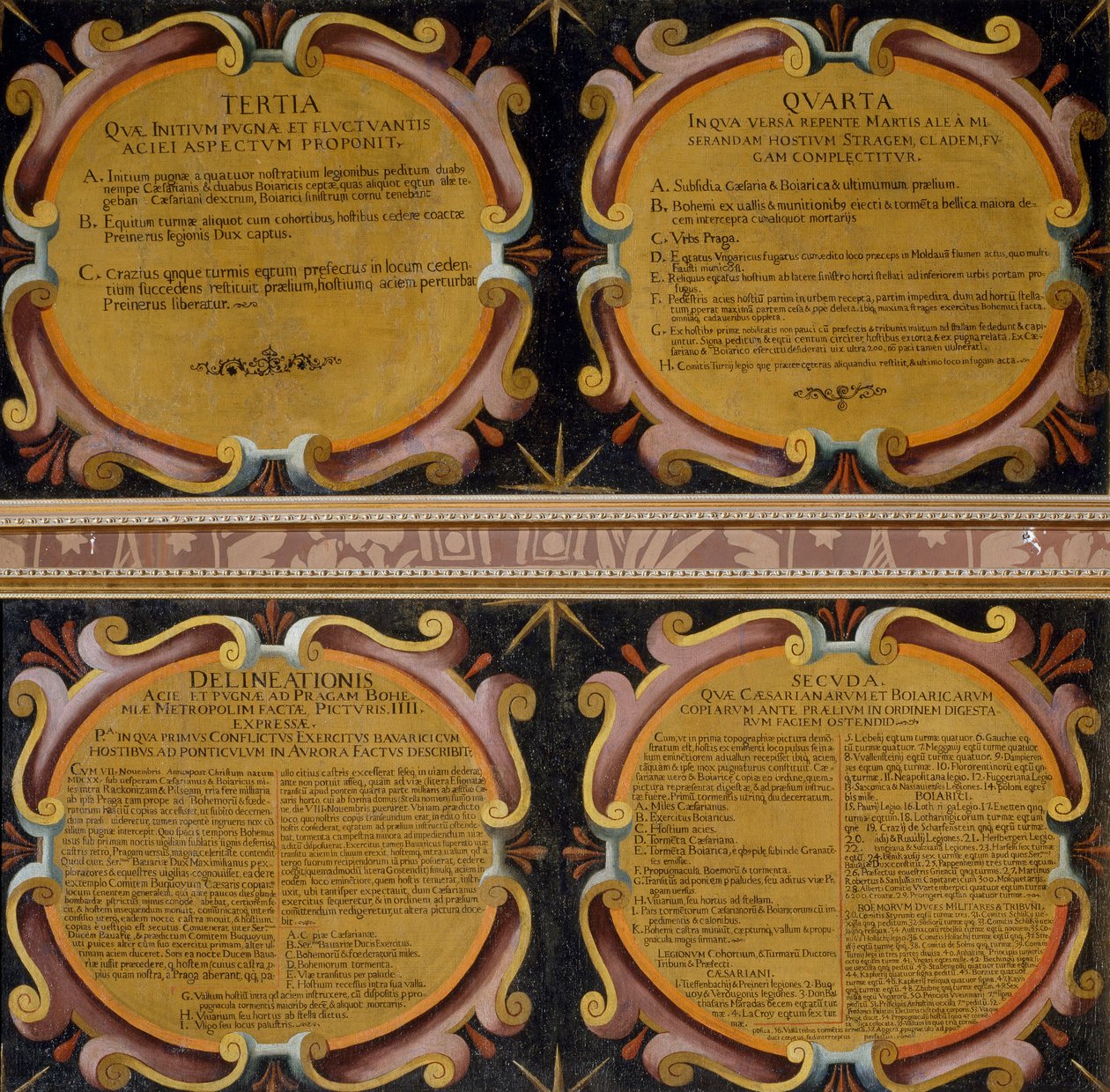Billedtekster fra fire malerier af Battle of White Mountain udkæmpet, 7.-8. november 1620, Pieter Snayers (1592-1667) bevaret i Santa Maria della Vittoria, Rom af Peeter Snayers