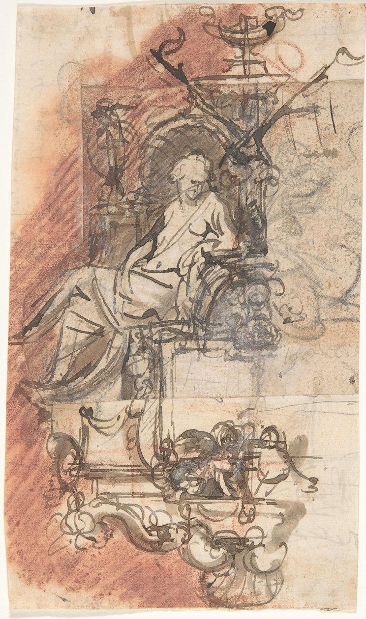 Design til et gravmonument med en siddende kvindefigur, verso..., slutningen af det 17.-begyndelsen af det 18. århundrede af Peeter Verbrugghen II