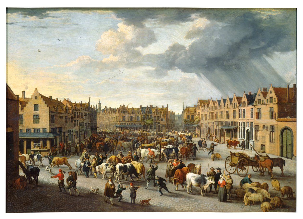 Det gamle oksemarked i Antwerpen (olie på lærred) af Peeter van Bredael