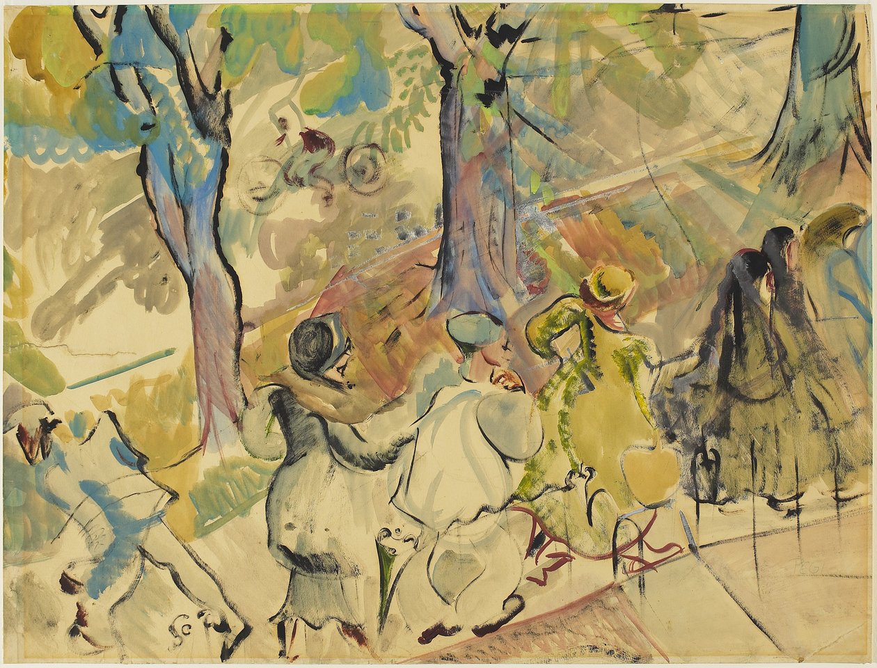 Jarvis Street Sidewalk, ca. 1936 (akvarel, gouache og olie på papir) af Pegi Nicol Macleod