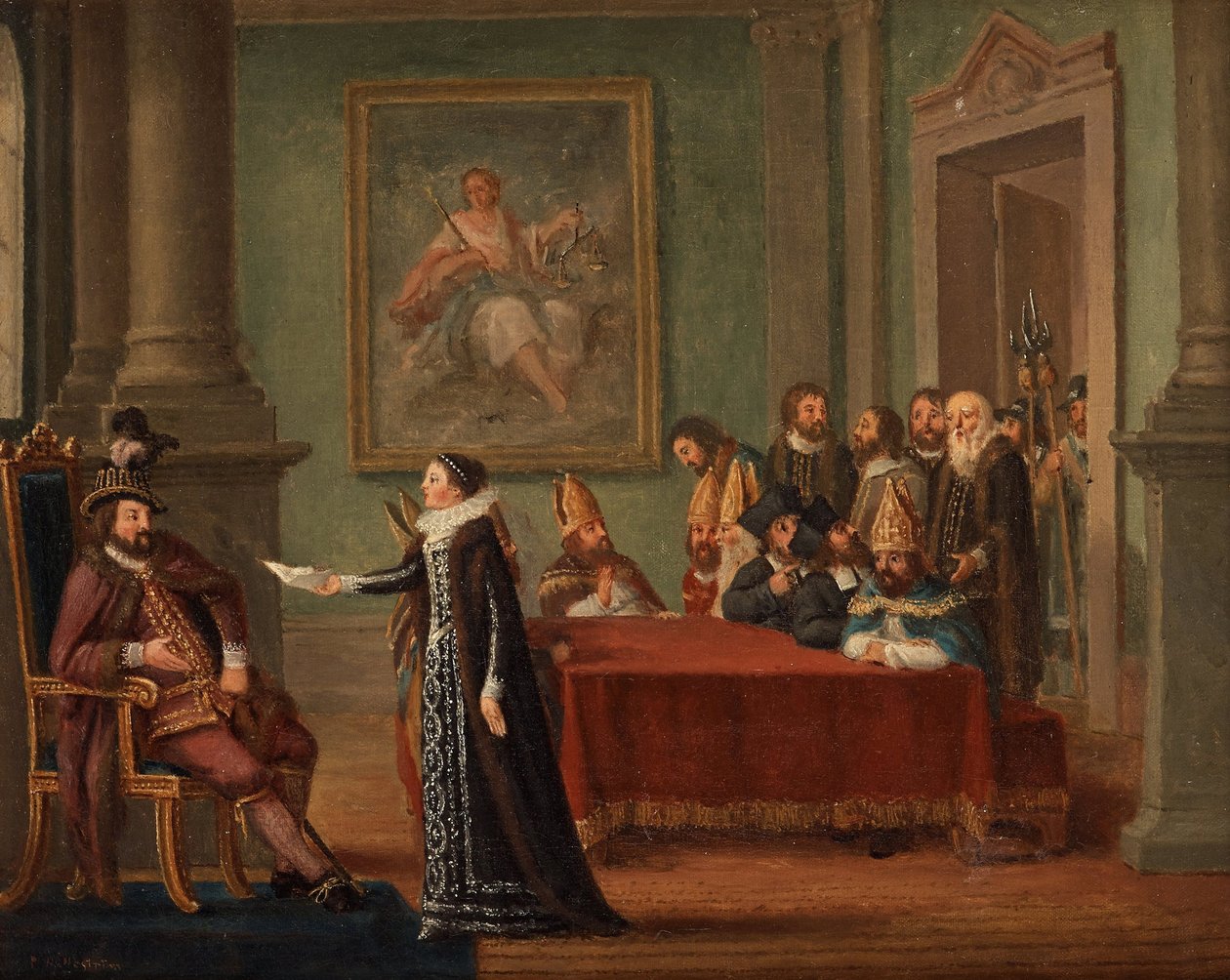 Christine Gyllenstierna (1494-1559) med sikkerhedsbrevet, før Kong Christian II af Danmark (1481-1559) - Christina Gyllenstierna med brevet om sikker adfærd før Christian II af Hillestroem, Pehr (1732-1816). Olie på lærred, størrelse: 42 af Pehr Hilleström