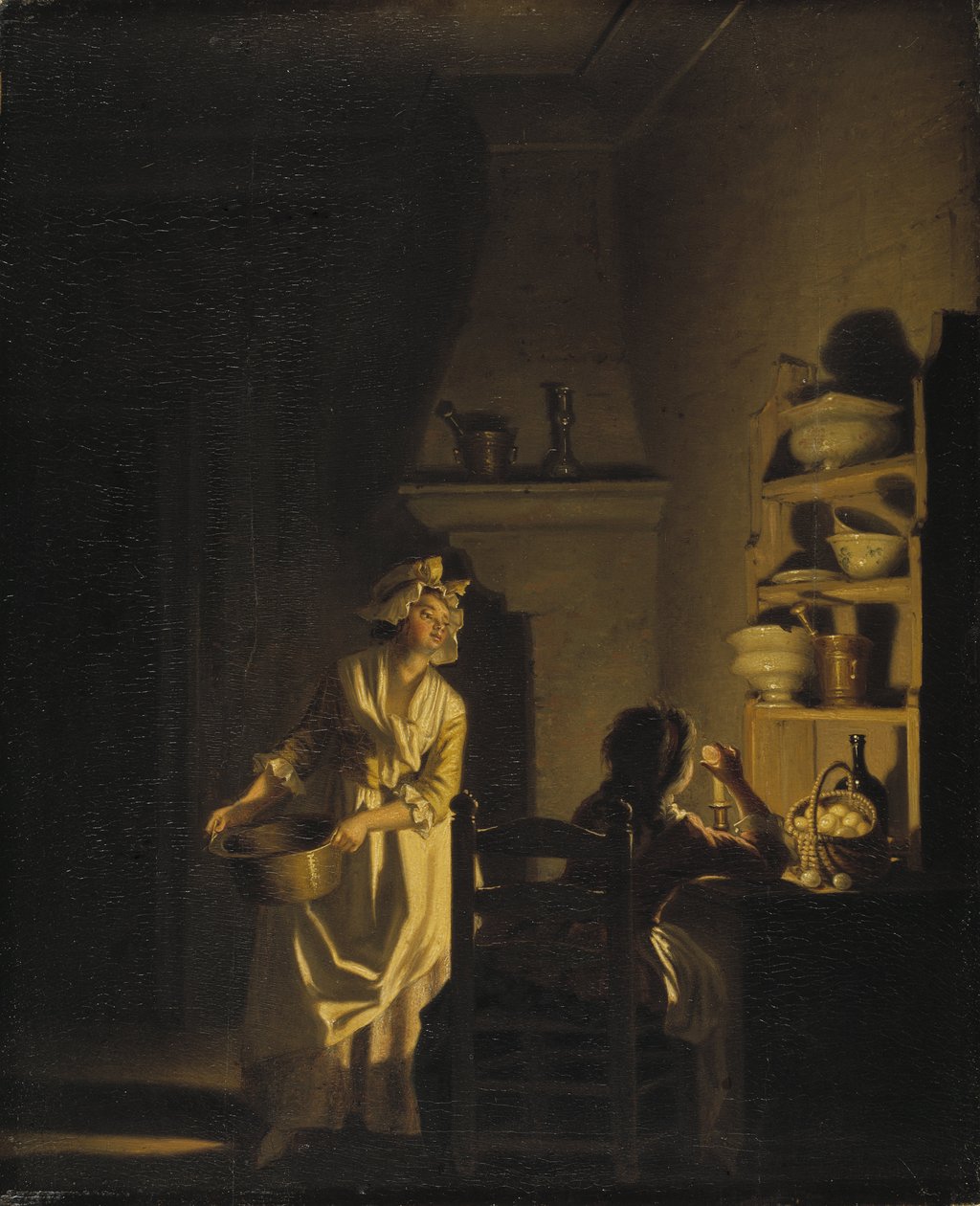 Le test des oeufs, interiør de cuisine - Test af æg. Interiør af et køkken, af Hillestrom, Pehr (1732-1816). Olie på træ. Mål: 39x32 cm. Nationalmuseum Stockholm af Pehr Hilleström