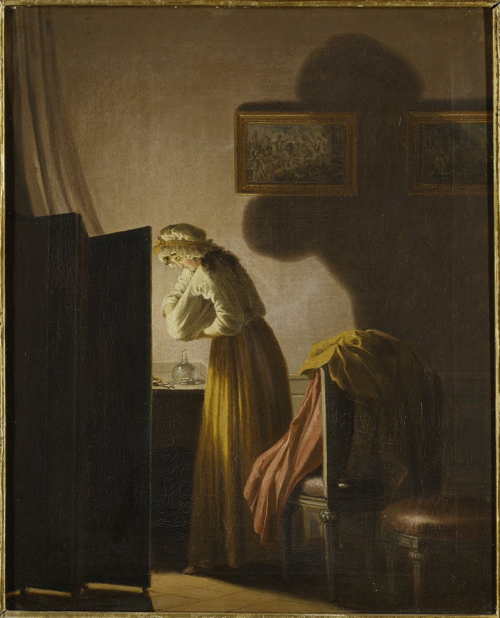 Une femme attrapant des puces a la lumiere de la bougie - A Woman Catching Fleas by Candlelight, af Hillestrom, Pehr (1732-1816). Olie på lærred. Mål: 51,5x42,5 cm. Nationalmuseum Stockholm af Pehr Hilleström