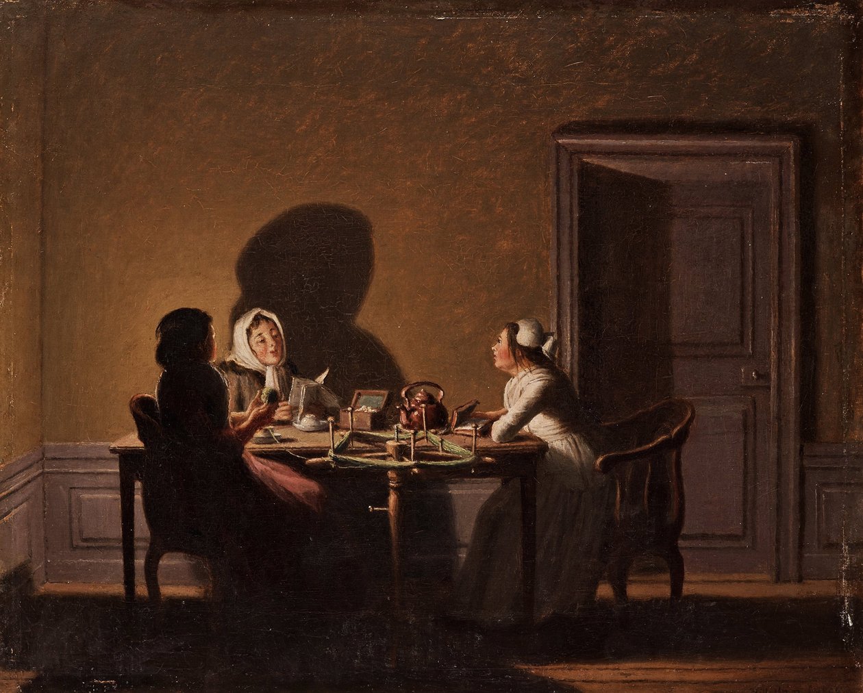 Læsning ved stearinlys, af Hillestroem, Pehr (1732-1816). Olie på lærred, størrelse: 41,5x51,5, , Privat samling af Pehr Hilleström