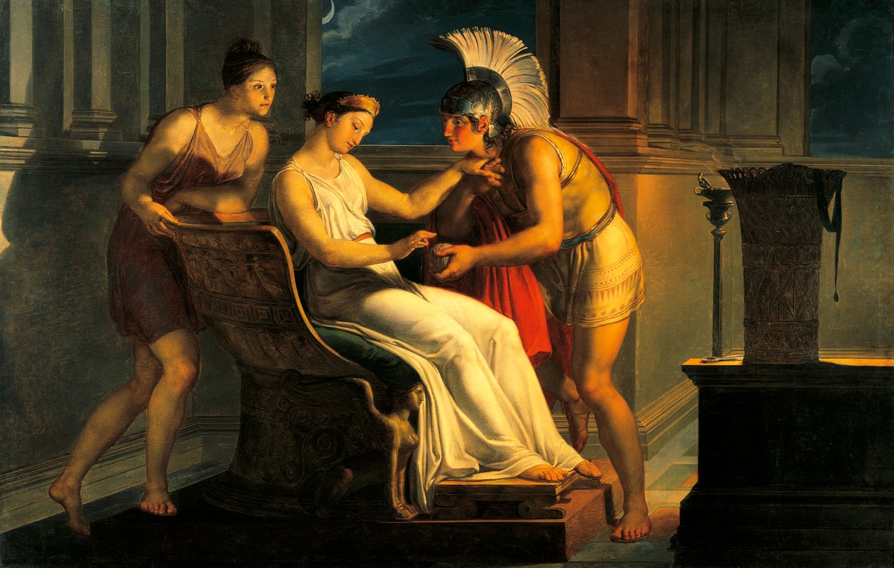 Ariadne giver noget tråd til Theseus for at forlade labyrinten (olie på lærred) af Pelagio Palagi