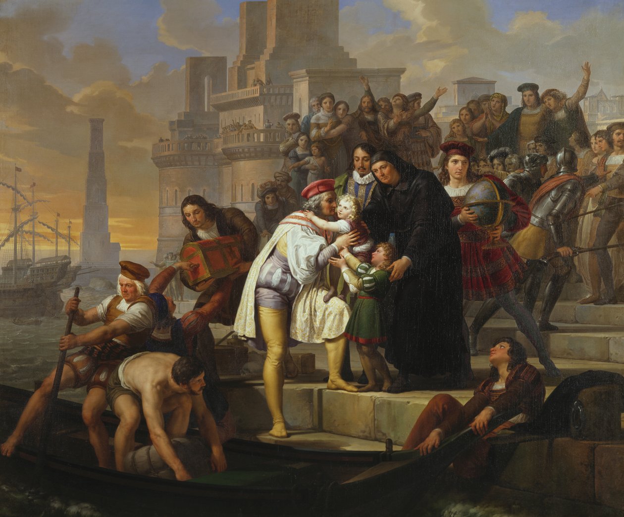 Christopher Columbus omfavner sine to sønner og anbefaler dem til far Giovanni Perez, inden han forlader Palos på rejsen for at opdage Amerika af Pelagio Palagi