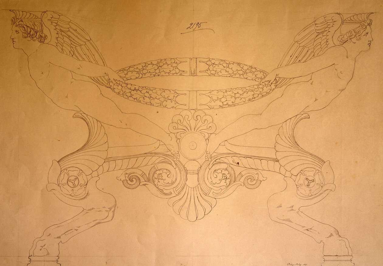 Tegning af hovformet skammel med ben, ca.1837 (tegning) af Pelagio Palagi