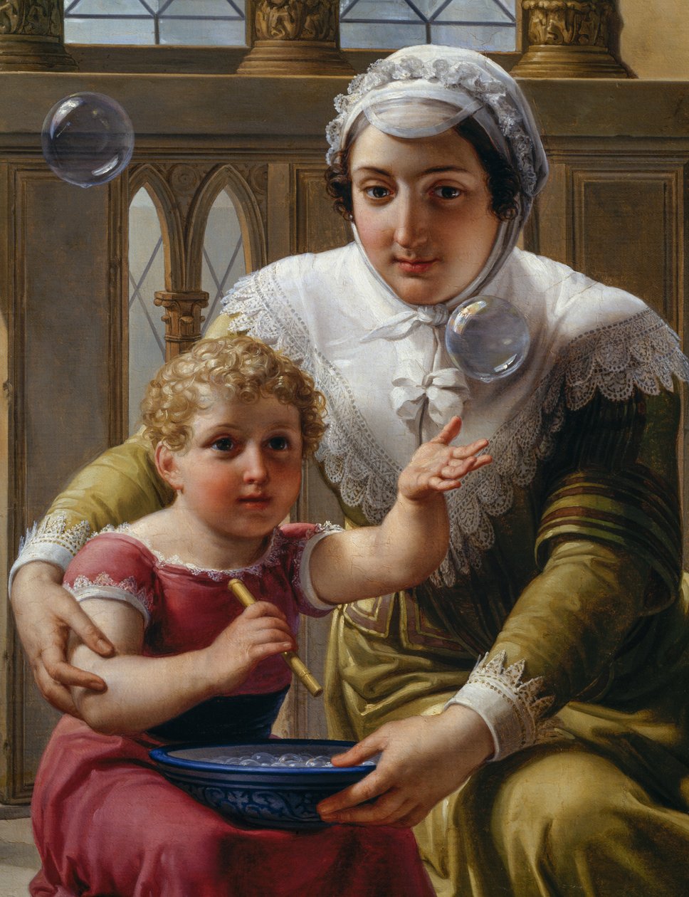 Kvinde med barn og sæbebobler, detalje af Isaac Newtons (1642-1727) opdagelse af lysets brydning af Pelagio Palagi