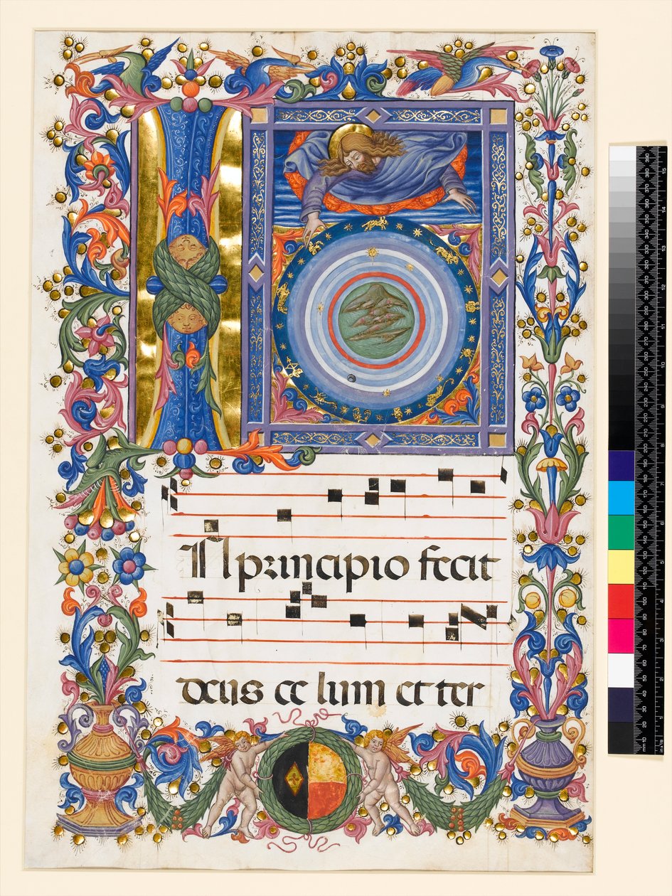 Historik initial I, der forestiller skabelsen, ca. 1470 af Pellegrino di Mariano attr.to Pellegrino di Mariano attr.to