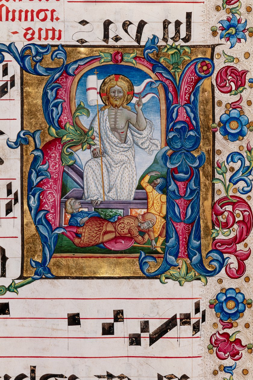 Piccolomini Bibliotek: korbog, torsk. 101,7, ff. 14r med "Kristi opstandelse", af Pellegrino di Mariano. Detalje. af Pellegrino di Mariano
