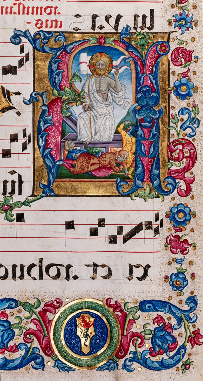 Piccolomini Bibliotek: korbog, torsk. 101,7, ff. 14r med "Kristi opstandelse", af Pellegrino di Mariano. af Pellegrino di Mariano