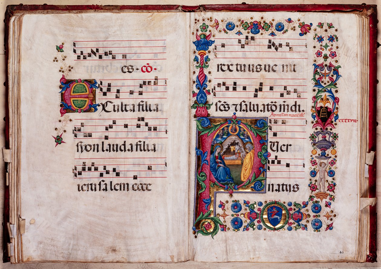 Piccolomini Bibliotek: korbog, torsk. 102,8, ff. 47v-48r med "Nativity", af Pellegrino di Mariano. af Pellegrino di Mariano