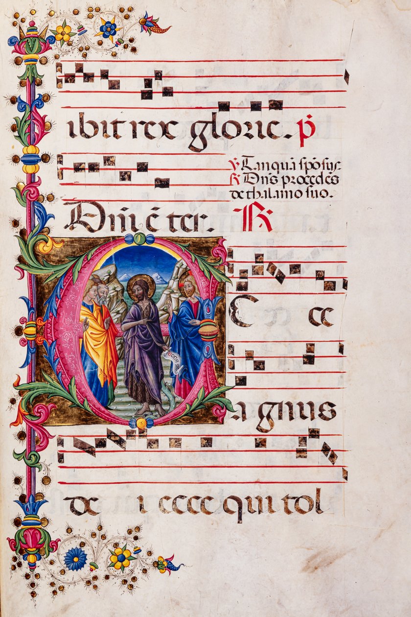 Piccolomini Bibliotek: korbog, torsk. 2.B, ff. 105r med "Forkyndelse af Johannes Døberen", af Pellegrino di Mariano. af Pellegrino di Mariano