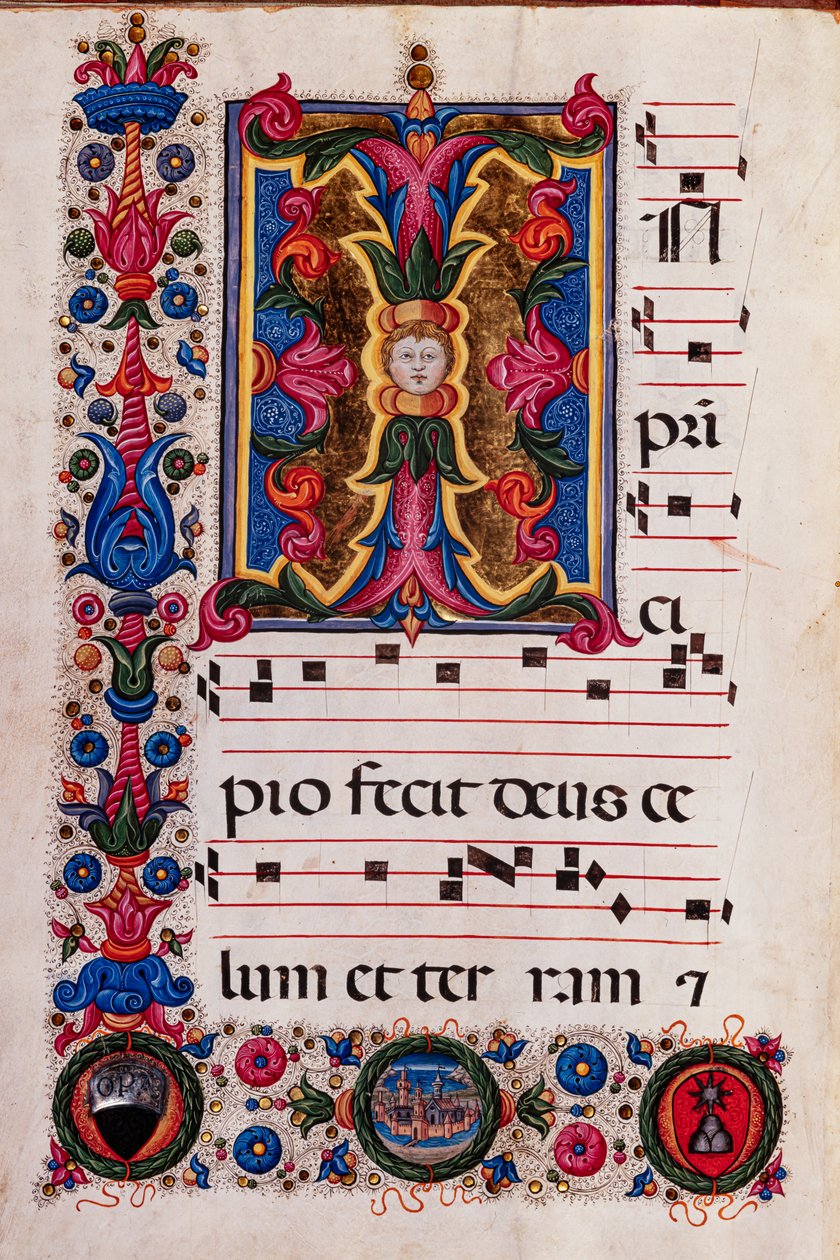 Piccolomini Bibliotek: Korbog, torsk. 5.E, ff. 4v med "Foliated Initial", af Pellegrino di Mariano. af Pellegrino di Mariano