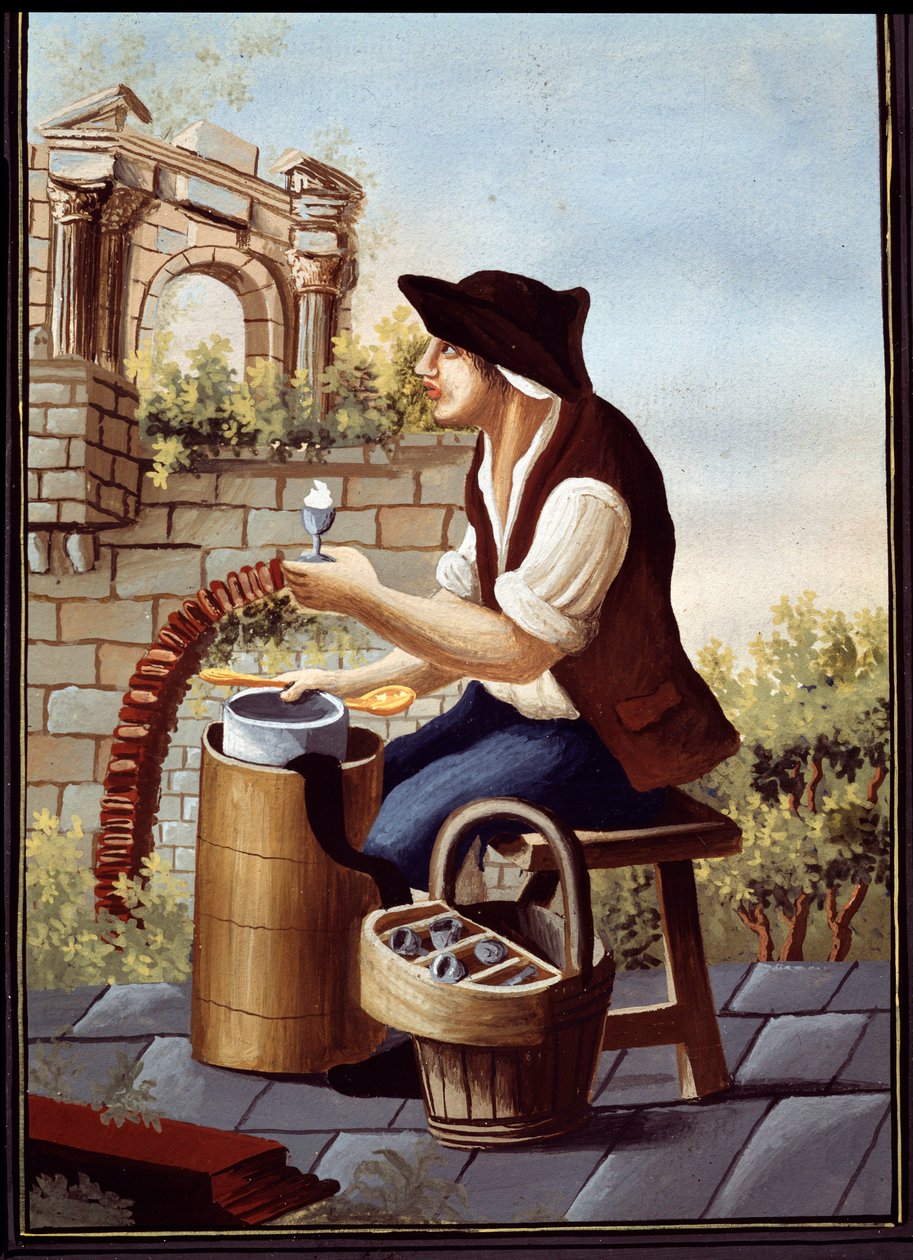 Napolitanske folkeskikke: sælgeren af ​​is (Gelato, Gelati) og vandresorbeter. Detrempe de Pelliccia (1800-tallet) Napoli National Museum of San Martino af Pelliccia