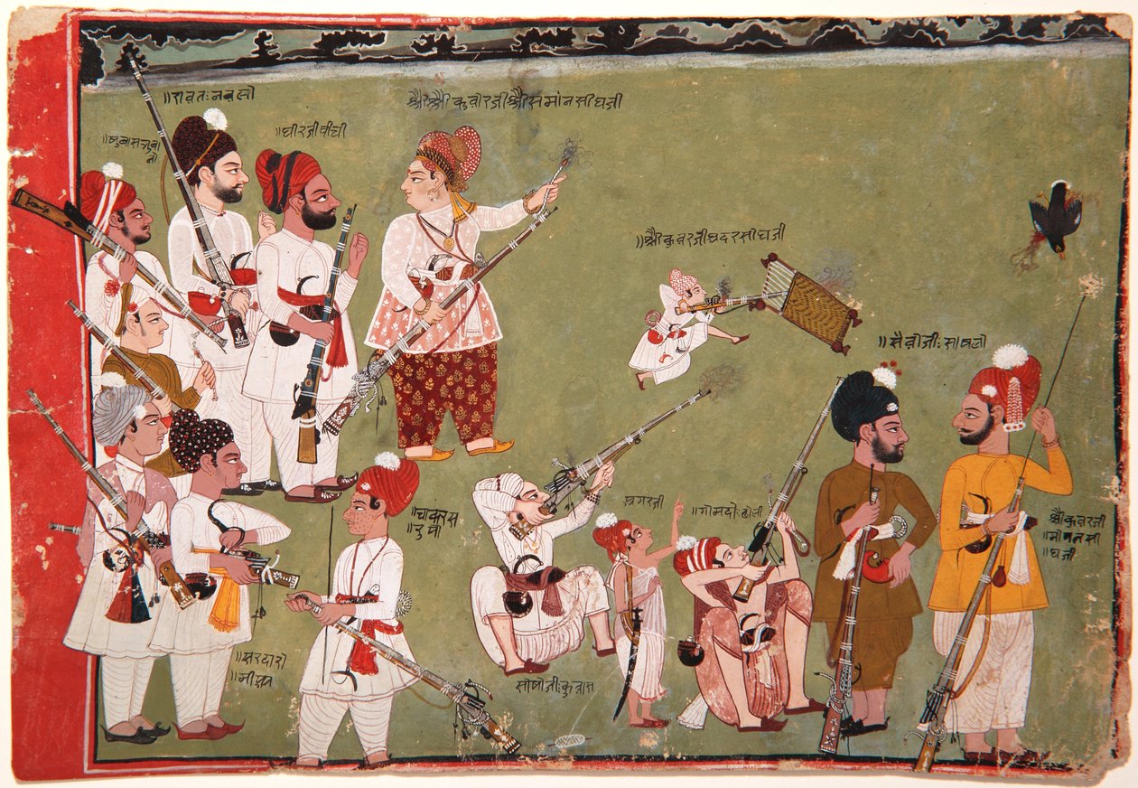 Adar Singh og Saman Singh skyder fugle, ca. 1790 (ugennemsigtigt wc & guld på papir) af Pemji