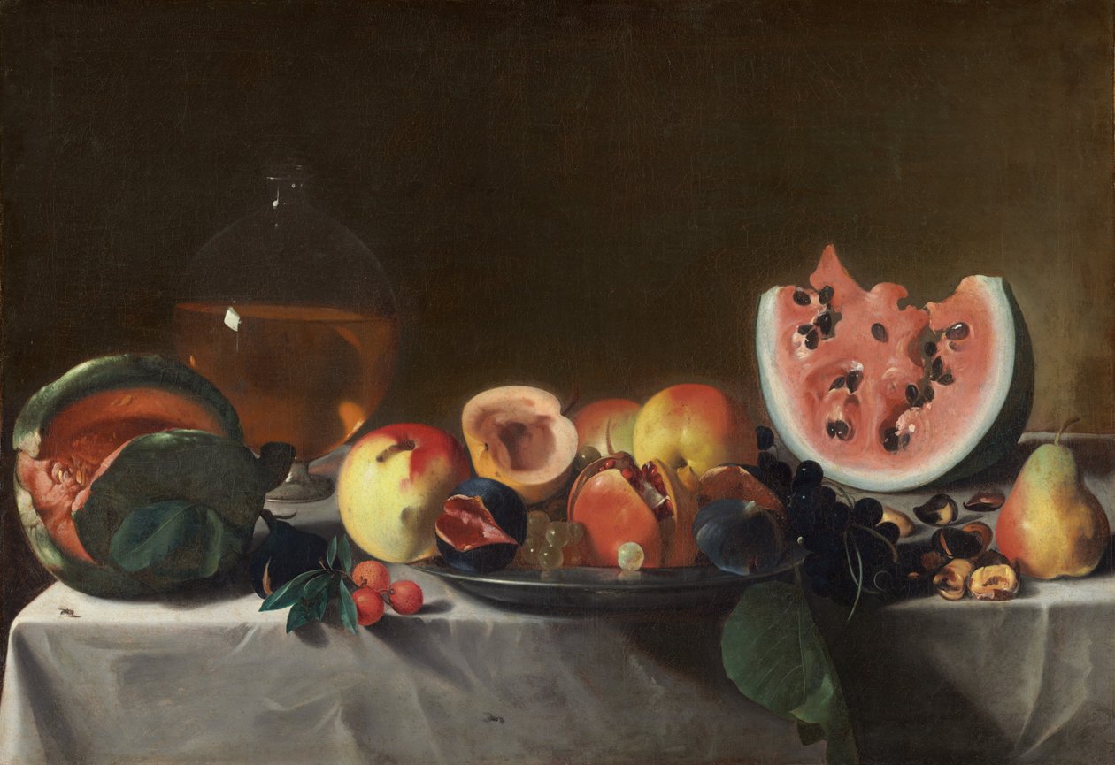 Stilleben med frugt og karaffel, ca. 16101620. af Pensionante del Saraceni