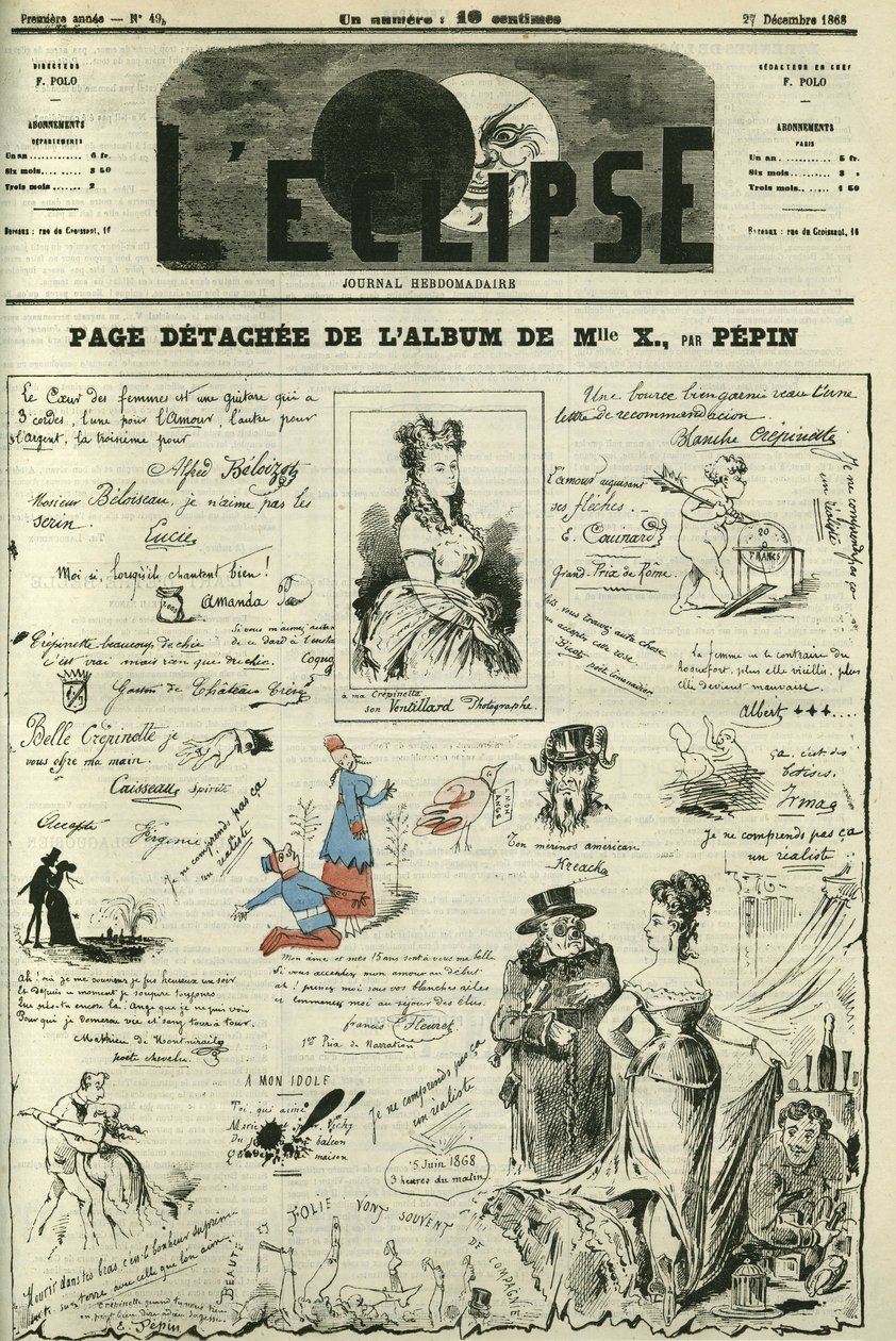 Fritstående side af Mademoiselle X. Forside i "" L