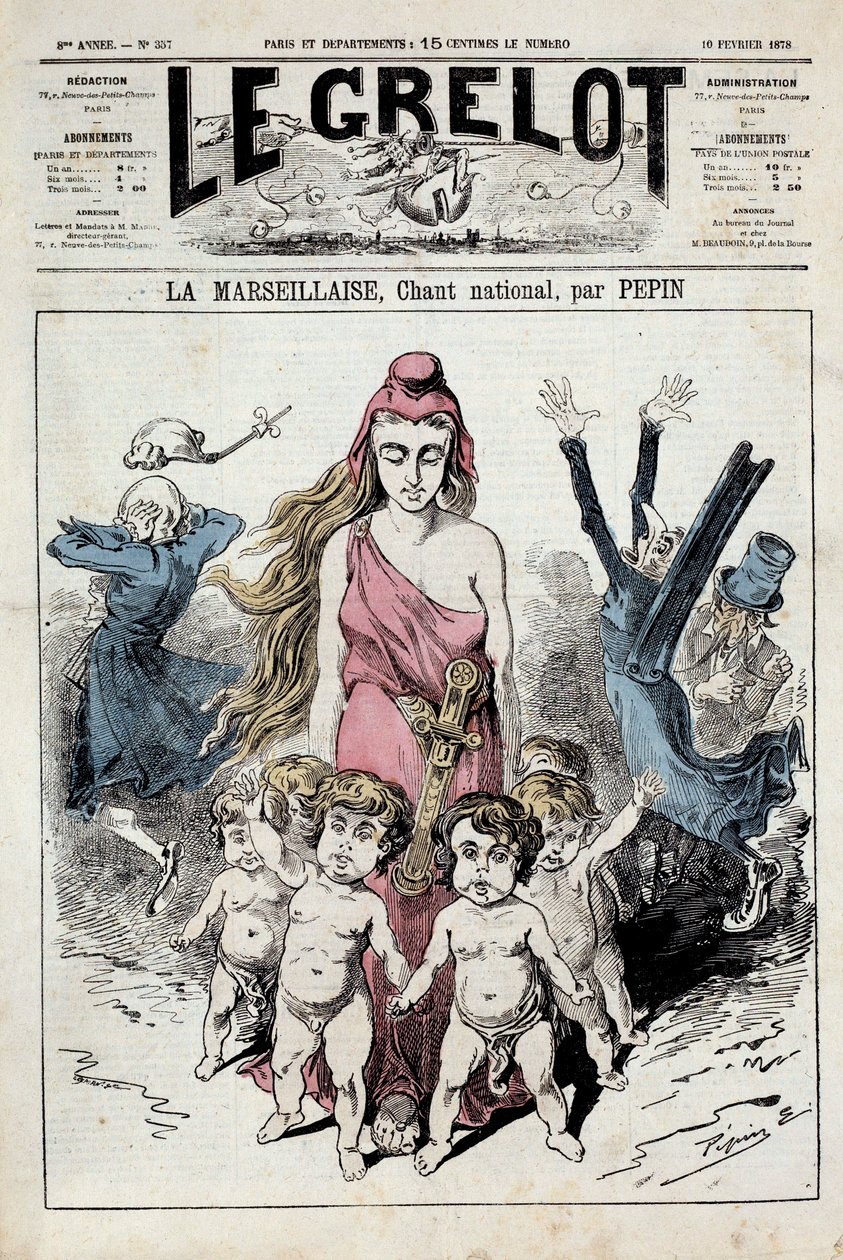 En af ""Klokken"" repræsenterer en allegori af nationalsangen ""La Marseillaise""", der rykker frem, mens de adelige tilstopper deres ører, mens de flygter. Illustration af Pepin. 10/02/1878. Privat samling af Pepin