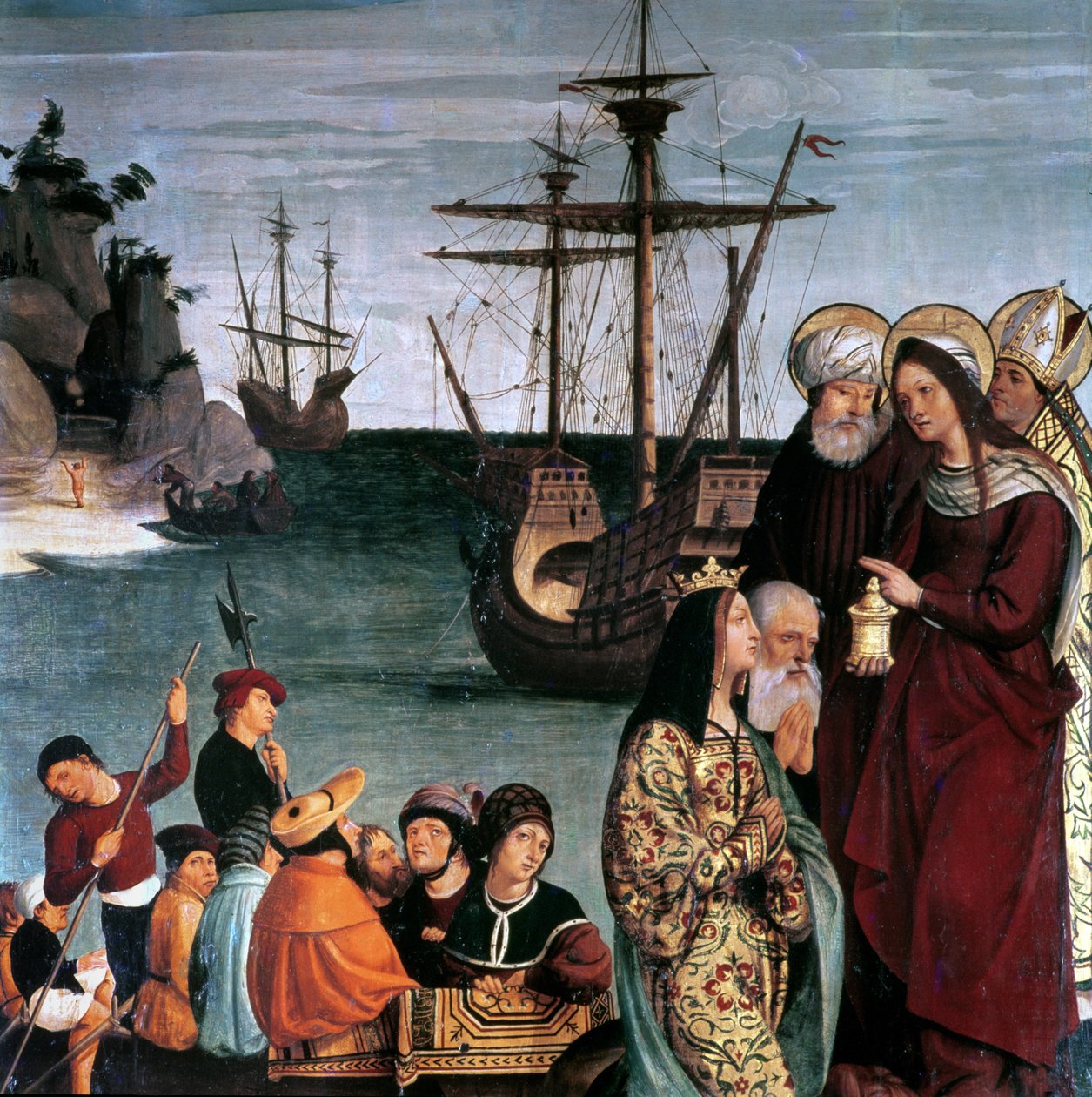 Maria Magdalene går ombord på et skib, fra Sankt Magdalens altertavle af Pera Matas
