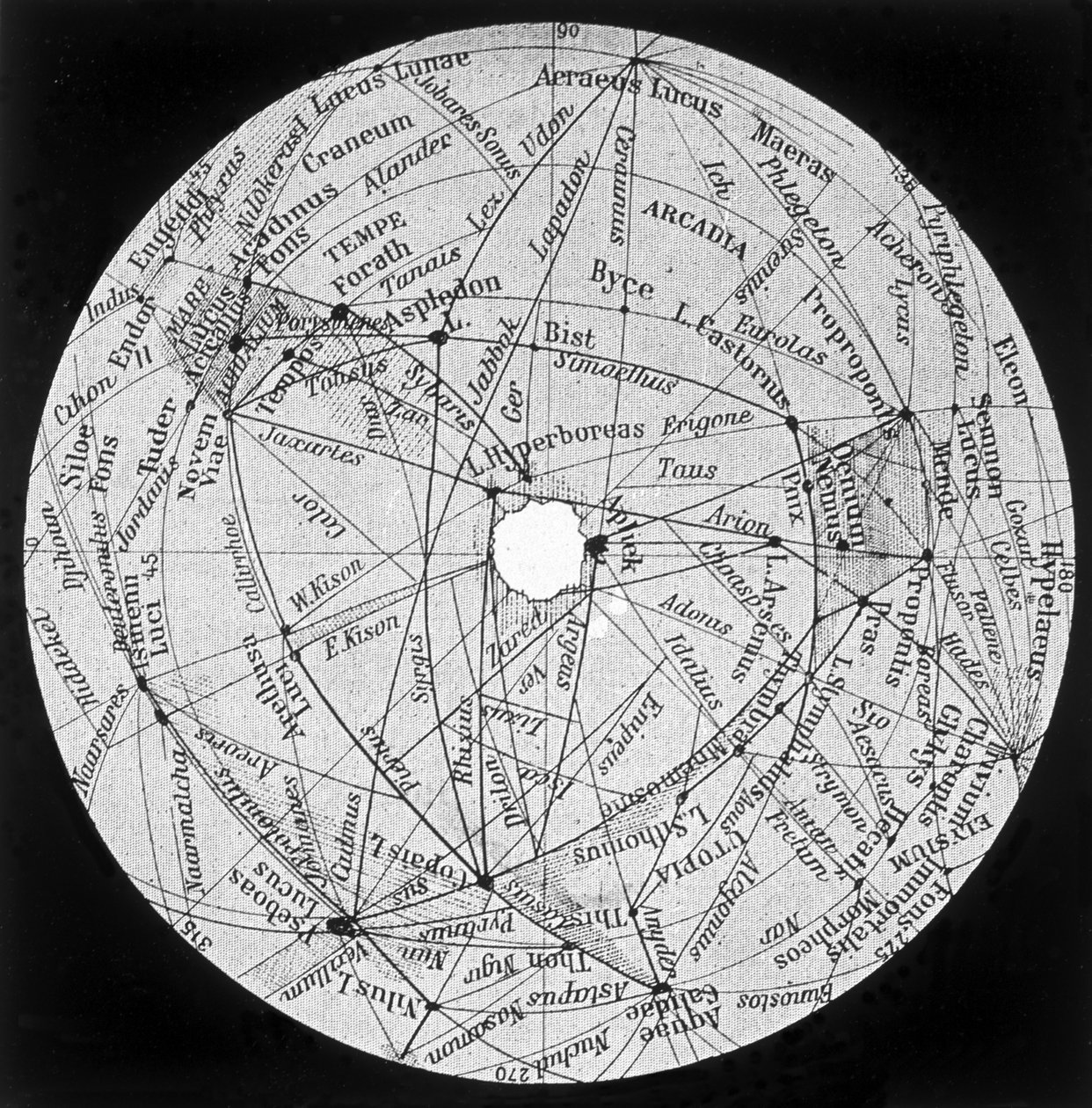 Mars: kanaler og oase ifølge kortet over P. Lowell - i "" The Sky"", af Alphonse Berget, Larousse af Percival (after) Lowell