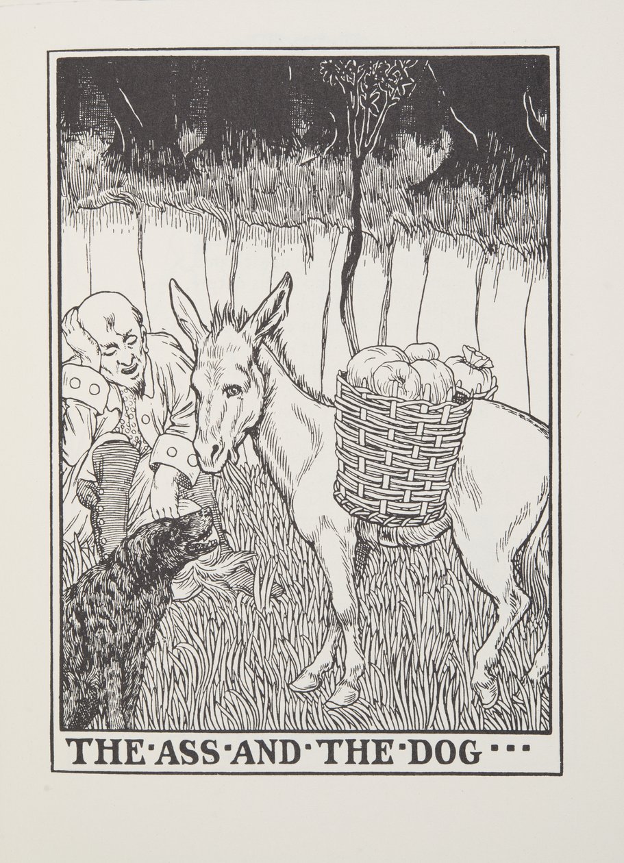The Ass and the Dog, fra Fontaine Fables, pub. 1905 af Percy J. Billingshurst