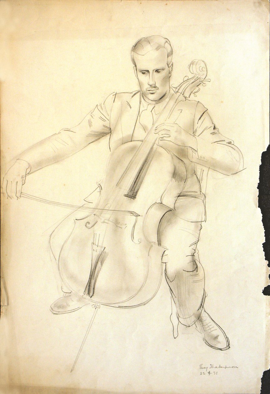 Portræt af Arthur Kemp, der spiller cello, 1935 (blyant og kridt på papir) af Percy Shakespeare