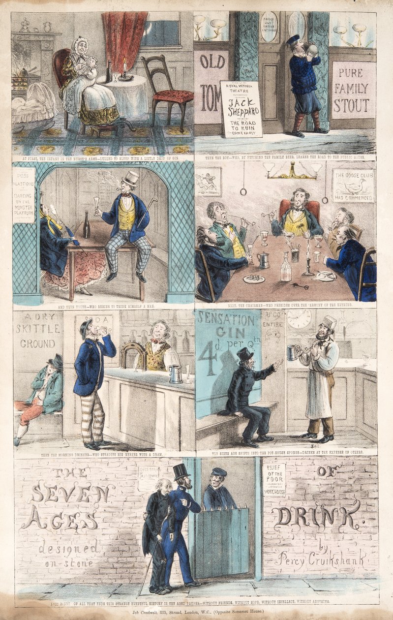 The Seven Ages of Drink, pub.c. 1872 (håndfarvet gravering) af Percy Cruikshank