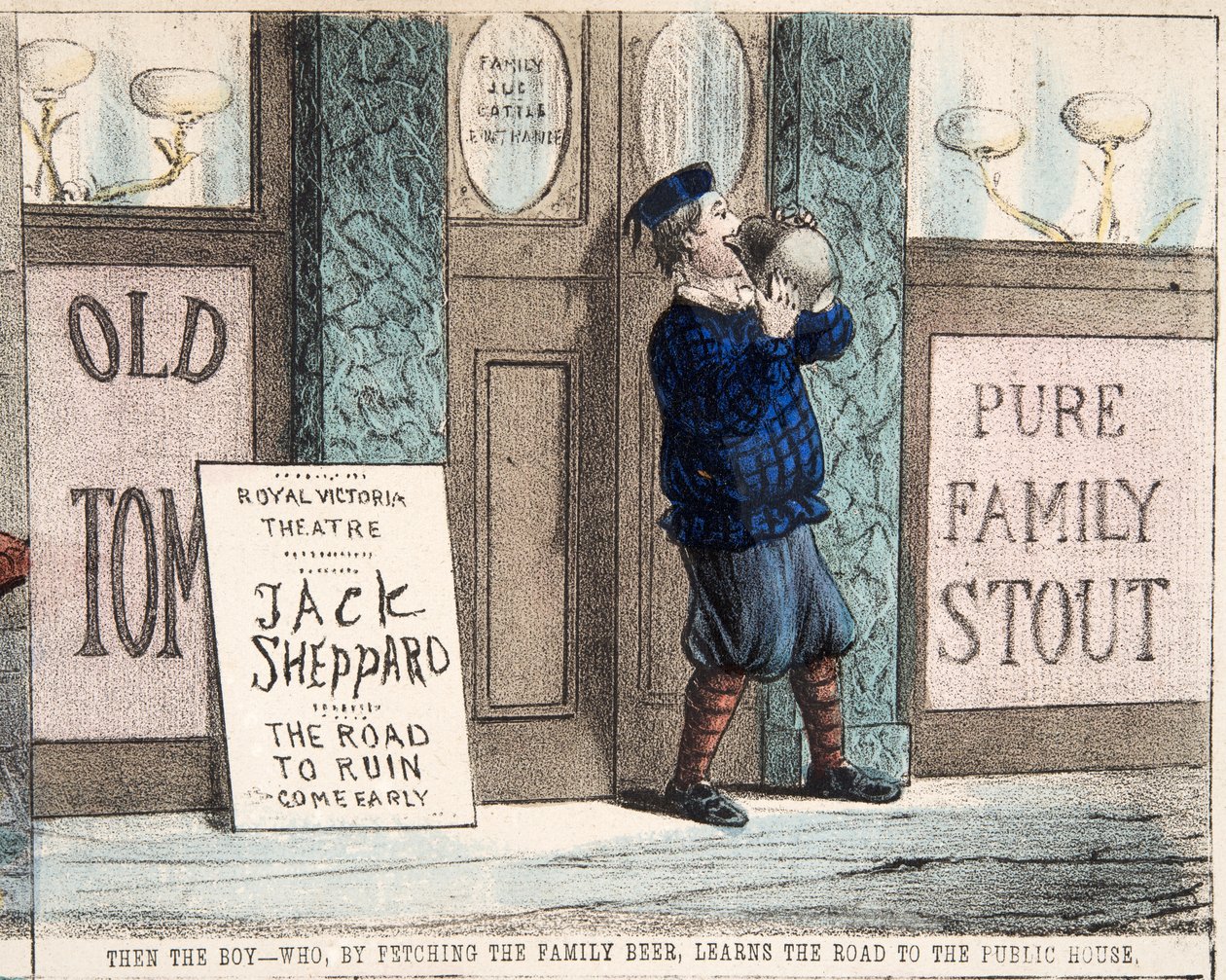 "Drengen - som ved at hente familiens øl lærer vejen til Public House, pub.c. 1872 (håndfarvet gravering) af Percy Cruikshank