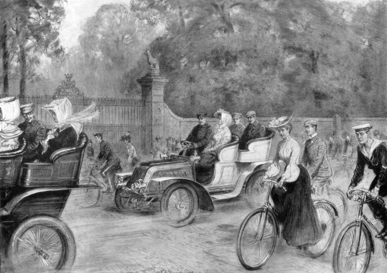 Motorer og cykler i Kensington High Street, London, 1903 af Percy F.S. Spence