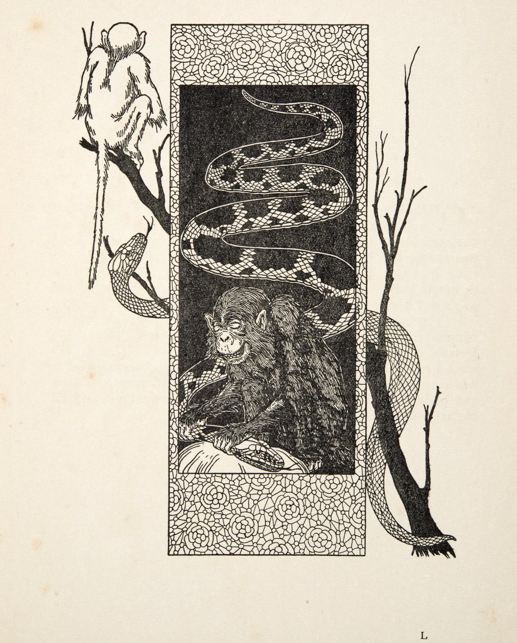 Monkey versus Snake, fra A Hundred Anecdotes of Animals, pub. 1924 af Percy J. Billingshurst