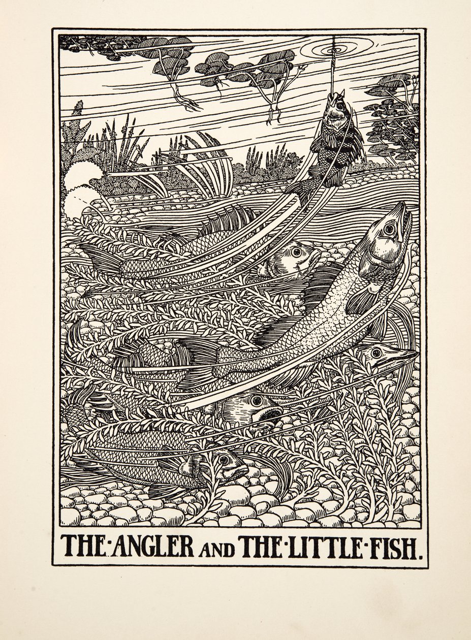 Lystfiskeren og den lille fisk, fra A Hundred Fables of Aesop, pub.1903 (gravering) af Percy J. Billingshurst