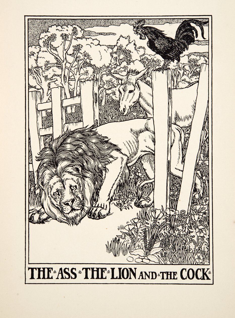 The Ass, the Lion and the Cock, fra A Hundred Fables of Aesop, pub.1903 af Percy J. Billingshurst